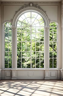 Großes Rundbogenfenster mit weißer Zierleiste lässt das Sonnenlicht in einen leeren Raum fallen und wirft Schatten auf den Boden. Durch die Glasscheiben des Fensters und die Fenstersprossen sind draußen grüne Bäume sichtbar.