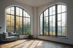 Helles, geräumiges Zimmer mit großen Segmentbogenfenstern, durch die Sonnenlicht hereinströmt, einem grauen Sofa, Holzboden und einer Topfpflanze an der Wand; draußen sind Bäume zu sehen.